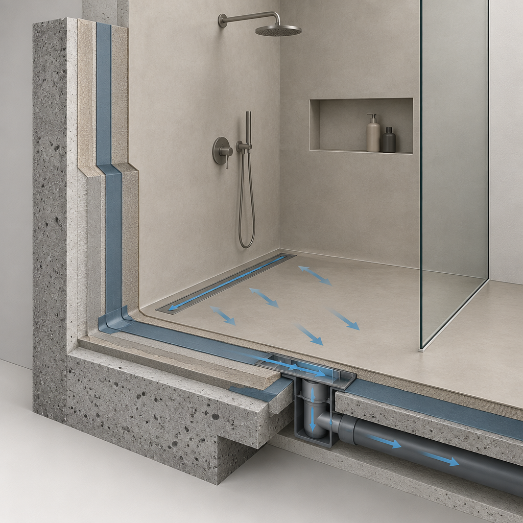 Mikrocementas vonioje: hidroizoliacija, priežiūra ir dažniausi klausimai – AI iliustracija